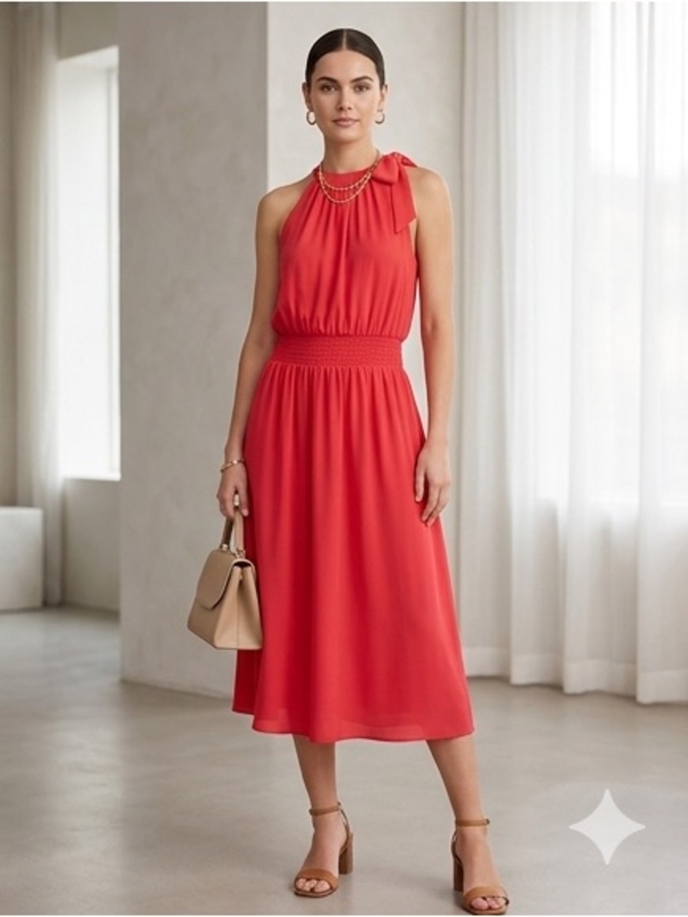 INC International Concepts Red Shoulder Tie Midi Dress